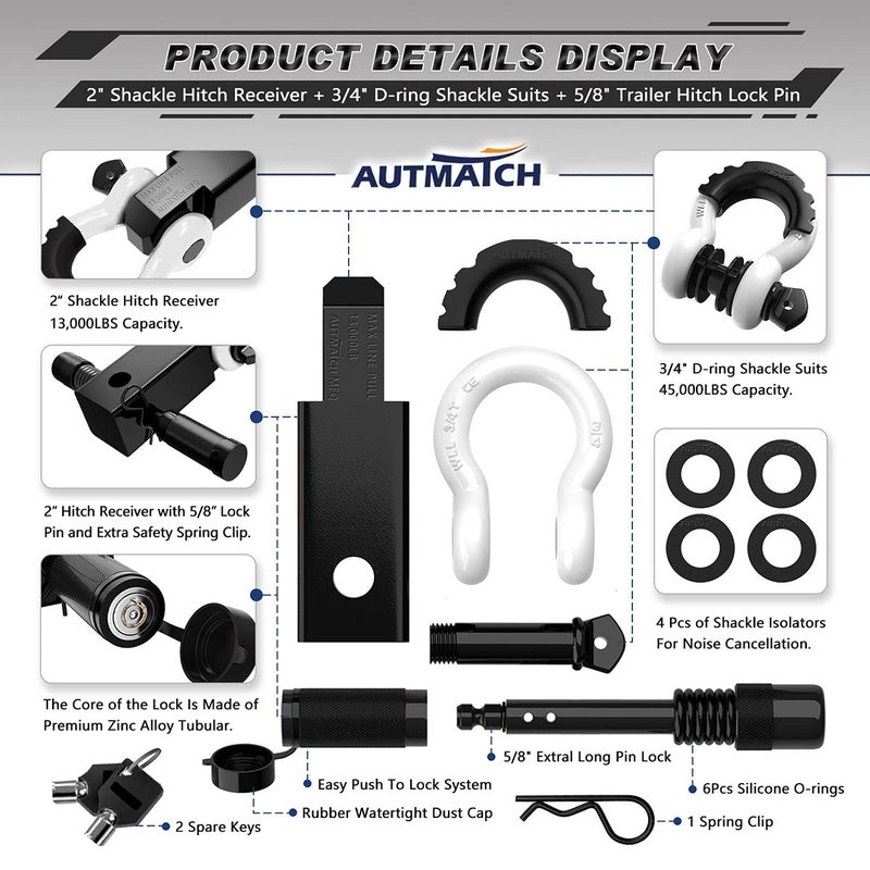 AUTMATCH Shackle Hitch Receiver 2 Inch - 3/4"" D Ring Shackle and 5/8"" Trailer Hitch Lock Pin  45 000 Lbs Break Strength Heavy Duty Receiver Towing Kit for Off-Road Vehicle Recovery  Black & White - Image 2